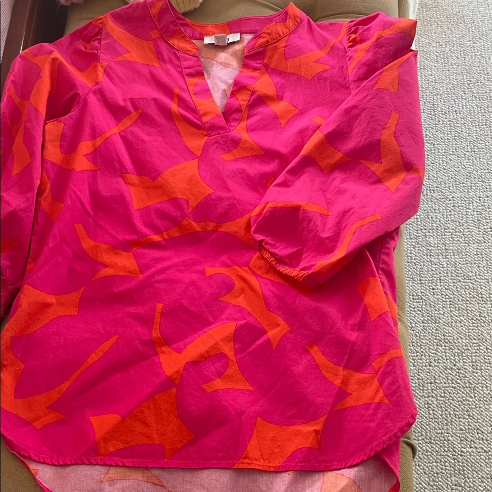 Bar III Fuchsia and Orange Abstract V-Neck Blouse